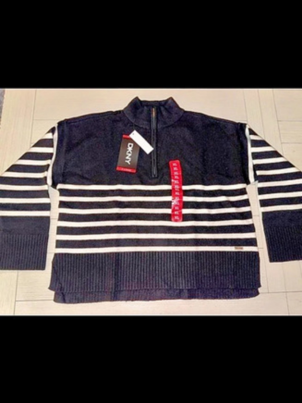 DKNY Striped Zip-Up Sweater Black & White XL